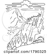 Nevada Fall With Liberty Cap Yosemite National Park California Monoline Line Art Drawing