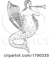Poster, Art Print Of Mermaid Like Siren Playing Harp And Horn Flute Medieval Style Line Art Drawing