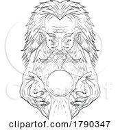 Mystic Man With Crystal Ball Medieval Style Line Art Drawing