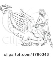 Saint George Fighting The Dragon Medieval Style Line Art Drawing