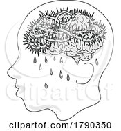 Poster, Art Print Of Man With Depression Brain With Crown Of Thorns Medieval Style Line Art Drawing