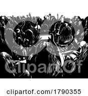 Poster, Art Print Of Crowd Of Young People With Cellphone At A Live Concert Woodcut Style