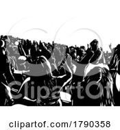 Crowd Of People Watching A Concert Holding Mobile Phones Woodcut Black And White