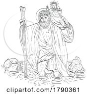 03/12/2023 - Saint Christopher Carrying Child Jesus Crossing River Medieval Style Line Art Drawing