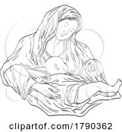 Madonna And The Baby Child Jesus Medieval Style Line Art Drawing