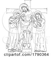 Poster, Art Print Of Jesus Taken Down From Cross With Mary John The Apostle And Joseph Of Arimathea Medieval Style Line Art Drawing
