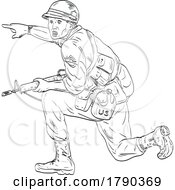 Poster, Art Print Of American Vietnam War Soldier With Rifle Kneeling Pointing Medieval Style Line Art Drawing