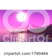 Poster, Art Print Of 3d Landscape With Island Of Trees Against A Pink Sunset Sky
