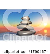 Poster, Art Print Of 3d Zen Landscape With A Stack Of Pebbles In Sand Against A Sunset Sky