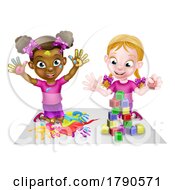 Poster, Art Print Of Cartoon Girls Playing With Paint And Blocks