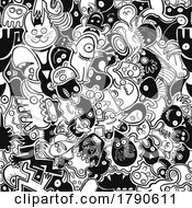 Poster, Art Print Of Black And White Doodle Pattern Of Animals And Monsters