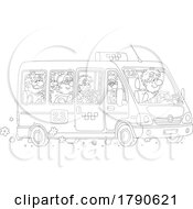 Poster, Art Print Of Cartoon Black And White Man Driving People In A Shuttle Taxi