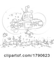 Poster, Art Print Of Cartoon Black And White Robotic Submarine Over A Pipeline