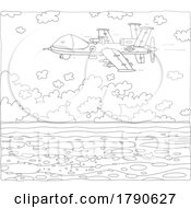 Cartoon Black And White Pilotless Military Drone Over The Ocean