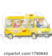 Cartoon Man Driving People In A Shuttle Taxi
