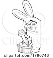 Cartoon Black And White Easter Bunny Rabbit Waving Around A Sign