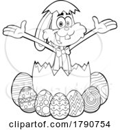 Cartoon Black And White Easter Bunny Rabbit Popping Out Of An Egg