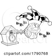 Cartoon Black And White April Fools Joker Popping Out Of A Clock
