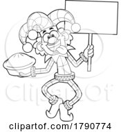Cartoon Black And White April Fools Joker With A Pie And Sign