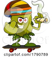Cartoon Cannabis Bud Mascot Skateboarding Flipping The Middle Finger And Smoking A Joint