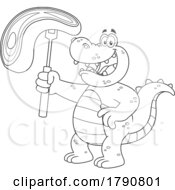 Cartoon Black And White Crocodile Holding Up A Steak by Hit Toon