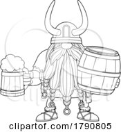 Cartoon Black And White Viking Gnome With A Beer Mug And Barrel