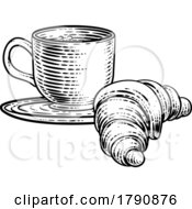 Poster, Art Print Of Coffee Tea Cup Mug And Croissant Woodcut