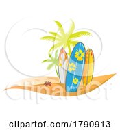 Poster, Art Print Of Crab Surfboards And Palm Trees On A Beach