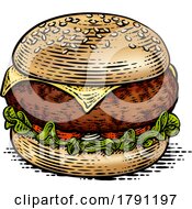 Poster, Art Print Of Burger Hamburger Vintage Woodcut Illustration