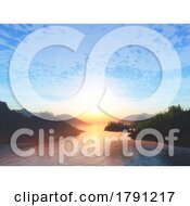 Poster, Art Print Of 3d Landscape With Trees And Mountains Against A Sunset Sky