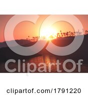 3D Palm Tree Island Against A Sunset Sky