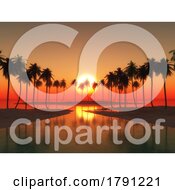 Poster, Art Print Of 3d Palm Tree Landscape Against A Sunset Sky