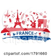 France Travel Banner With Icon And Monuments On The Flag