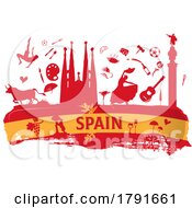 Poster, Art Print Of Spain Travel Banner With Icon And Monuments On Flag