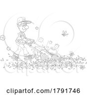 Cartoon Black And White Man Mowing His Lawn