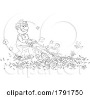 Poster, Art Print Of Cartoon Black And White Senior Man Mowing A Lawn