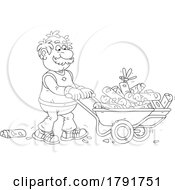 Poster, Art Print Of Cartoon Black And White Senior Man Moving Firewood In A Wheelbarrow