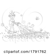 Poster, Art Print Of Cartoon Black And White Robot Mowing A Lawn