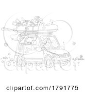 Cartoon Black And White Cat Driving A Car With A Raft On Top