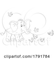 Poster, Art Print Of Cartoon Black And White Elephant And Birds
