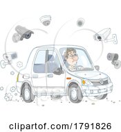 Cartoon Nervous Man Driving A Car With Cameras All Around