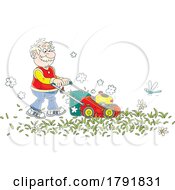 Poster, Art Print Of Cartoon Senior Man Mowing A Lawn