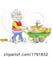 Cartoon Senior Man Moving Firewood In A Wheelbarrow