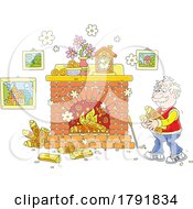 Poster, Art Print Of Cartoon Senior Man Putting Wood In A Fireplace