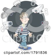 Cartoon Nervous Man Being Watched By Surveillance Cameras