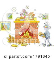 Poster, Art Print Of Cartoon Robot Putting Firewood In A Fireplace