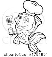 Poster, Art Print Of Cartoon Black And White Chef Goldfish Holding A Spatula