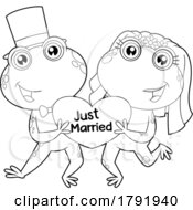 Poster, Art Print Of Cartoon Black And White Frog Wedding Couple Holding A Just Married Heart