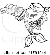 Poster, Art Print Of Cartoon Black And White Sushi Chef Goldfish Holding Food
