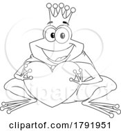 Cartoon Black And White Frog Prince Or King Holding A Heart
